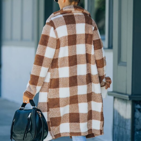 Coffee Brown Gingham Plaid Teddy Open Front Jacket - Picture 3 of 5